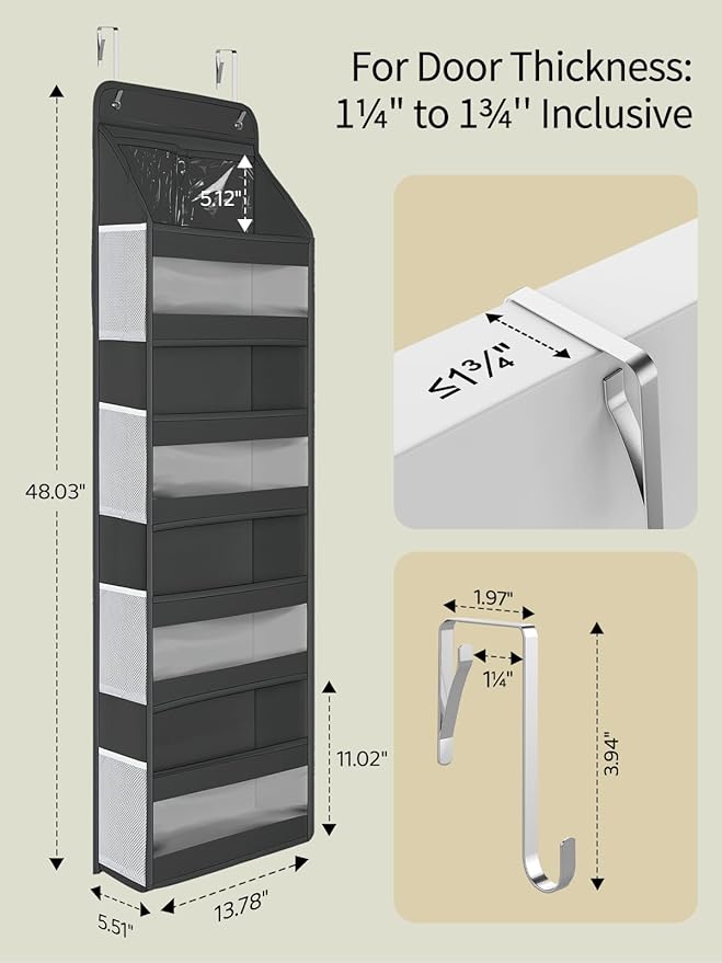 Yecaye 5 Tier 1Pc Over the Door Organizer, Swing-proof Door Organizer Hanging with Clear PVC Windows, Behind the Door Storage for Bedroom Nursery Closet Laundry Pantry Bathroom, Black