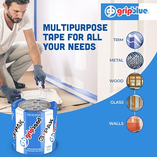 Blue Painters Tape 2 Inch Wide, 3 Rolls Masking Tape - Perfect for Precise Lines on Walls & Trim, Multi-Surface, Residue-Free, Easy Removal - Ideal for Indoor & Outdoor Use, 1.88in x 60yds