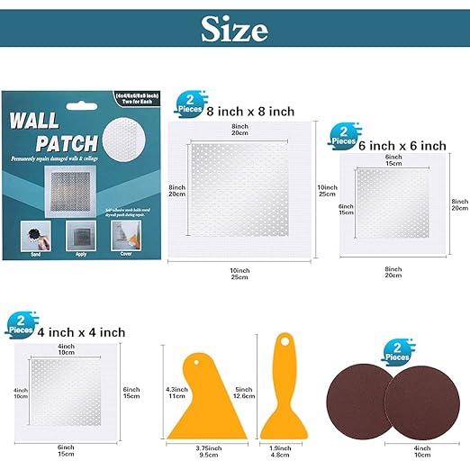 4" 6" 8" (Two of Each) Wall Repair Patch, Plasterboard Patch, Safe Mend Plaster Repair Kit, Safemend Drywall Repair Adhesive, Filler for Walls Ceiling Hole, Self Adhesive Aluminum Mesh Wall Repair