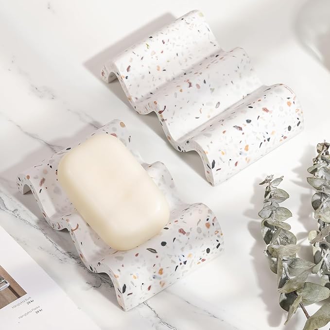 Luxspire Soap Dish, Marble Soap Dish, Self-draining Tray, Soap Holder Saver for Shower, Bathroom, Sink, Kitchen and Countertop, Terrazzo, 2 Pack