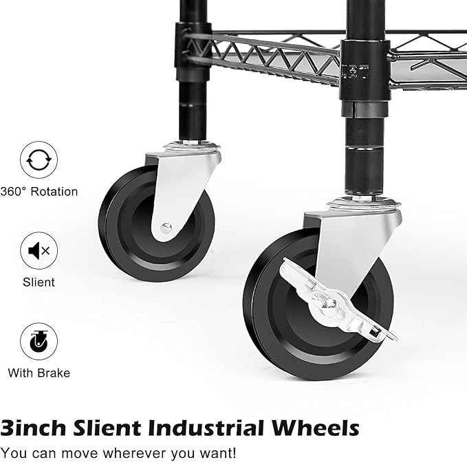 WDT Heavy Duty 3 Tier Utility Cart,Wire Rolling Cart with Wheels, Commercial Grade Service Cart with Shelving Liners and Handle Bar Metal Carts for Kitchen Office Hardware (750LBS Capacity Black)