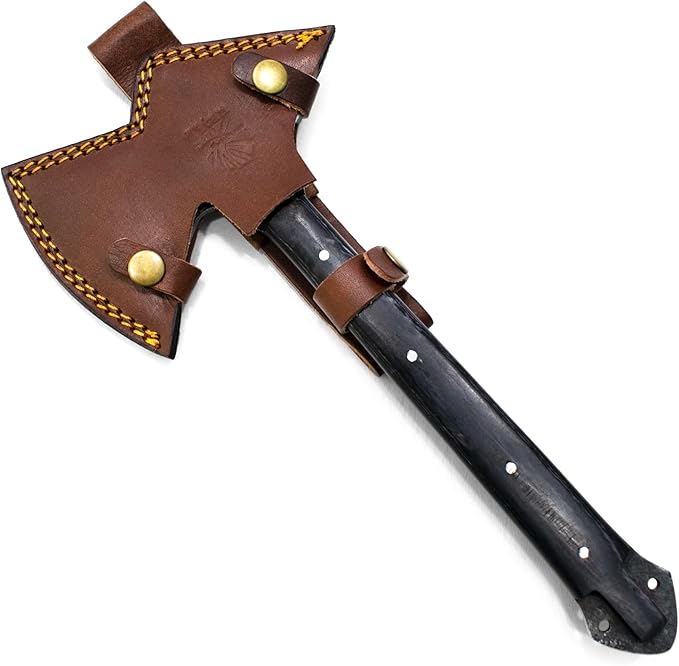 Titan International Knives Hunting Tomahawk Axe 1080 Carbon Steel Fixed Blade Diamondwood Handle with Sheath for Camping/Bushcraft/Outdoors