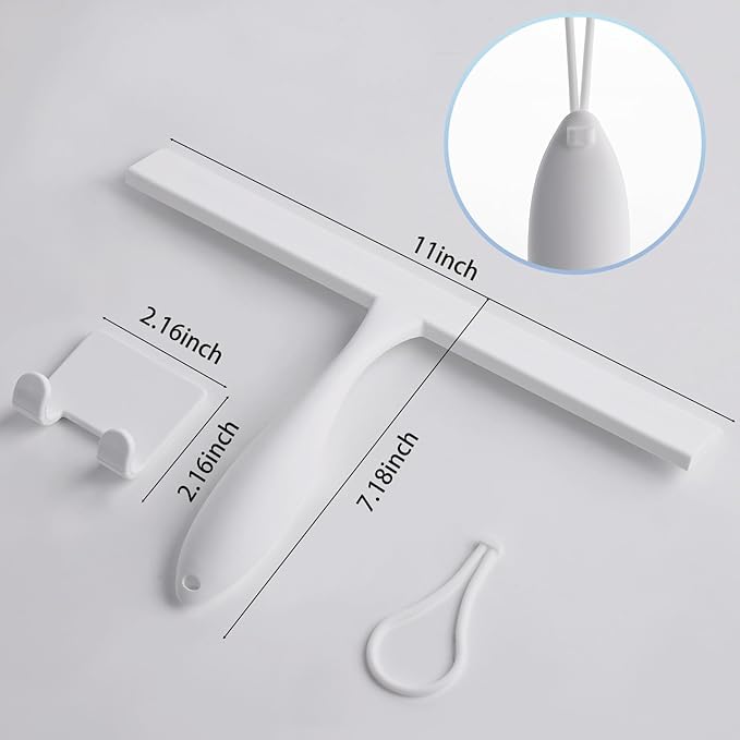 FY&XZH Never Rust Silicone Shower Squeegee for Glass Doors with Hook, Bathroom Cleaner Tool, Household Window and Mirror Squeegee, Ergonomic Thick Handle Squeegee for Shower Glass, 11-Inch (White)