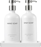 Glass Kitchen Soap Dispenser Set with Ceramic Tray,16.9 floz Hand and Dish Soap Dispenser for Kitchen and Bathroom Decor,White and Silver Kitchen Accessories(White Bottles + Silver Pumps)