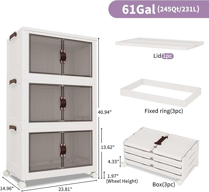Luxdecor 252Qt Storage Bins With Lids-Stackable Plastic Storage Bins on Wheels, Closet Organizers and Storage,Collapsible Storage Cabinet with Doors for Office Garage Kitchen Under Stairs,Larger 3Tier