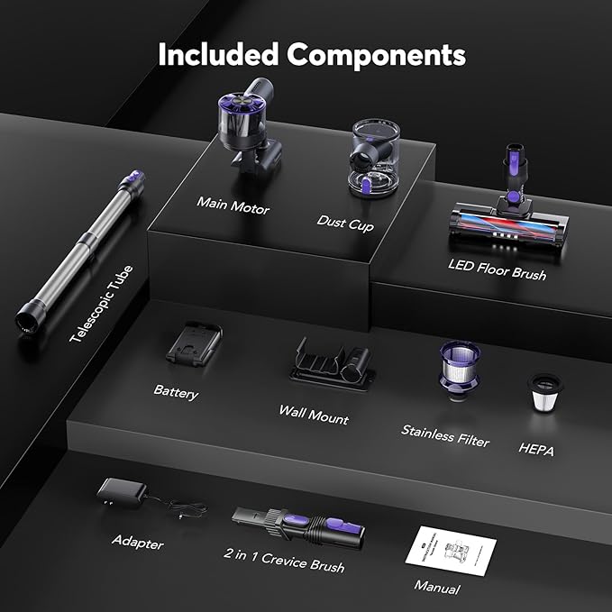 Cordless Vacuum Cleaner Rechargeable with 2600mAh Detachable Battery, Powerful Vacuums with 2 Adjustable Modes, Lightweight Portable Stick Vacuum for Home (Rose Purple)