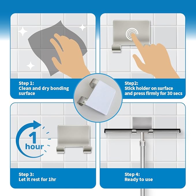 Shower Squeegee with Long Handle and Adhesive Hook. for Glass Doors, Tile Walls, Mirrors and Windows. Telescoping Squeegee for Cleaning. Bathroom Stainless Steel Squeegee, 10inch Wide, Chrome – 1pk