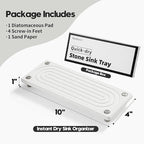 Water Absorbing Stone Sink Caddy, Diatomite Kitchen Sink Organizer, Bathroom Counter Tray, Faucet Drying Mat Coaster Soap Dish Rack Riser Dispenser Sponge Holder, Silver, White 10" x 4"