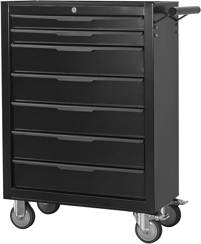 Tool Chest Cabinet, Large Capacity Metal Tool Box with Wheels and Cylinder Locking, Roll Around Storage Organizer Tool Cart for Garage, Redtool cabinets on Wheels (Black, 7-Drawer-Wheel)