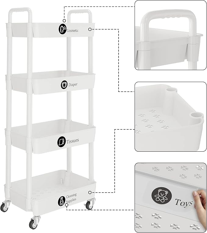 UDEAR 4-Tier Rolling Utility Cart with 12 Category Labels,Multifunctional Storage Shelves with Handle and Lockable Wheels for Room,Office,Kitchen,Bathroom,White