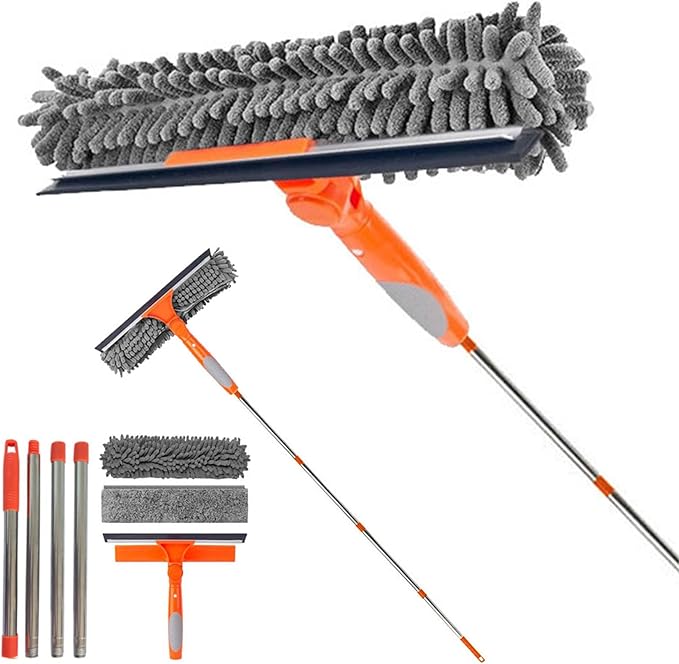 Window Cleaner Tool for Home, 3 in 1 Squeegee for Window Cleaning Kit for High Window with 1 Rotatable Head 3 Interchangeable Scrubber with Extension Pole ﻿