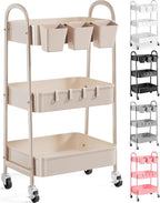3 Tier Khaki Metal Utility Rolling Cart, Storage Cart with Handle and Lockable Wheels, Multifunctional Organizer Trolley with Mesh Storage Baskets for Kitchen, Office, Living Room, Laundry, Garage