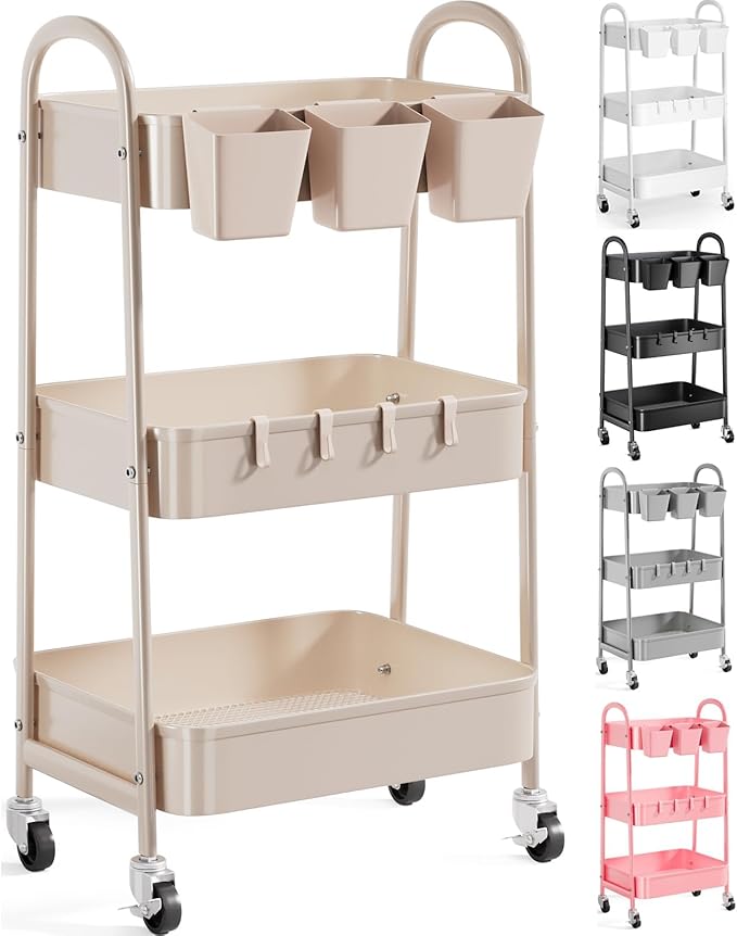 3 Tier Khaki Metal Utility Rolling Cart, Storage Cart with Handle and Lockable Wheels, Multifunctional Organizer Trolley with Mesh Storage Baskets for Kitchen, Office, Living Room, Laundry, Garage