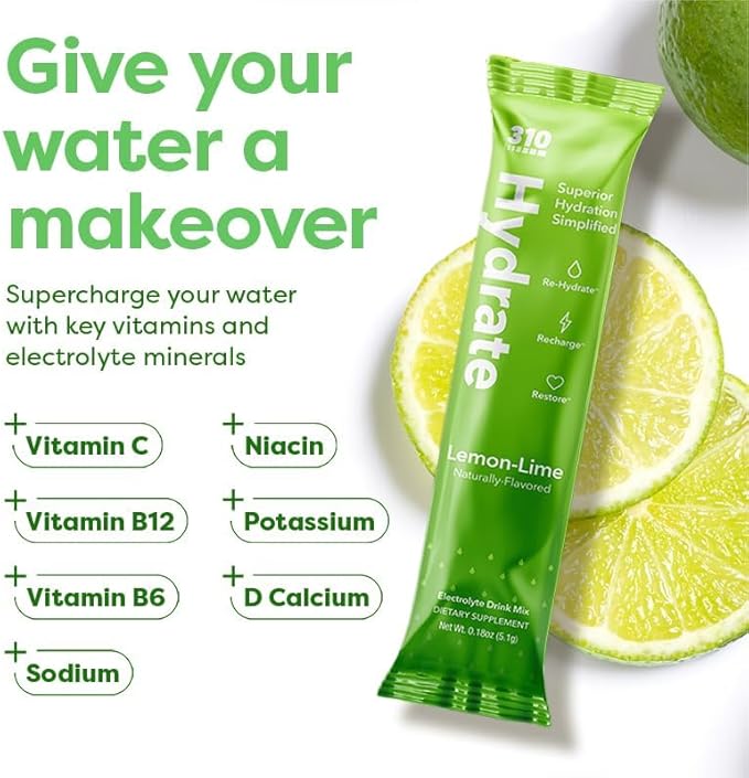 310 Nutrition Sugar Free Electrolytes Powder - Instant Hydration Packets for Daily Fluid Balance - Caffeine-Free Rehydration Drink Mix w/Vitamins, Low Calorie & Keto Friendly - Lemon Lime 30 Singles