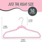 TechZoo 50 Premium Kids Velvet Hangers - 14" Non-Slip Clothes Hangers for Kids & Preteens - Ultra Slim, Space-Saving, Strong & Durable Hangers with 360° Swivel Hook - Pink