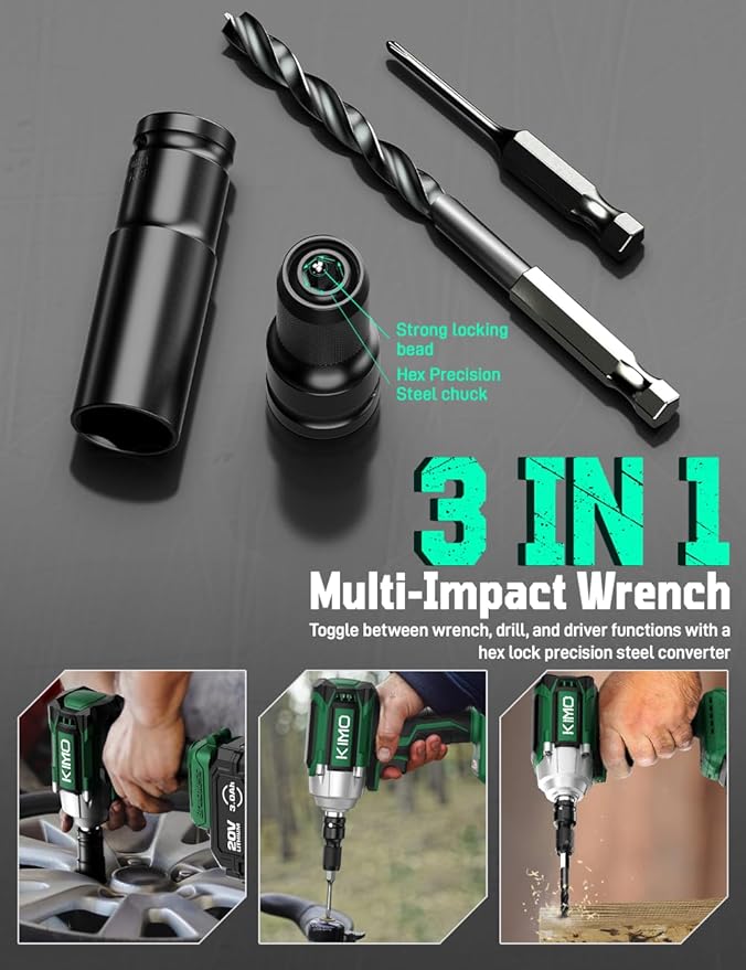 KIMO Impact Wrench 1/2, Max Torque 406ft-lbs (550N.m) & 3000RPM /Premium Brake Stop, 9-Piece Drill & Serewdriver Set, 4 Sockets, Cordless Impact Wrench with 4000mAh Battery, Impact Driver for CarTires