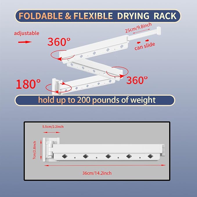 Clothes Drying Rack, Laundry Drying Rack Wall Mount for Bathroom, Retractable and Foldable Clothes Hanging Rack for Indoor, Space Saver for Laundry Room, Balcony, Closet, Bedroom(3-Fold),White