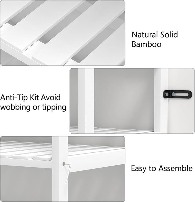 VASMIA 6-Tier Bamboo Shelf,Bamboo Storage Shelving Unit,Tall Bookcase with Adjustable Shelves,Multipurpose Storage Display Shelf for Bathroom, Living Room, Balcony, Kitchen,White