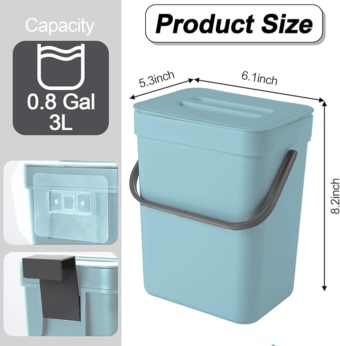Compost Bin Kitchen, Bring 5 Rolls (100) of Garbage Bags, for Use on Countertops or Under Sinks, Hanging Trash Can with Lid, for Cupboard/Bathroom/Bedroom/Office/Camping(Bule 0.8 Gallon/3L)