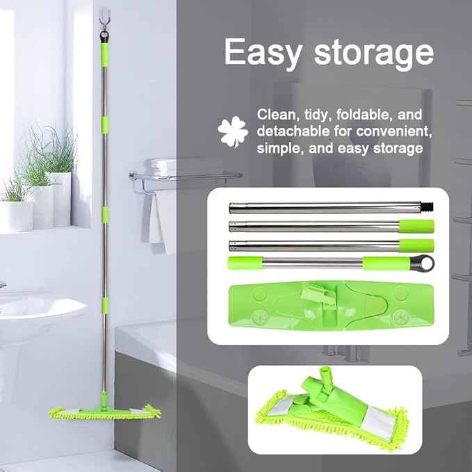 Dust Mop for Floor Cleaning with 2 Washable Chenille Pads and Extendable 58” Long Handle, Dry Wet Flat Mop with Scouring Pad for Hardwood, Laminate, Tile, Marble ，Green