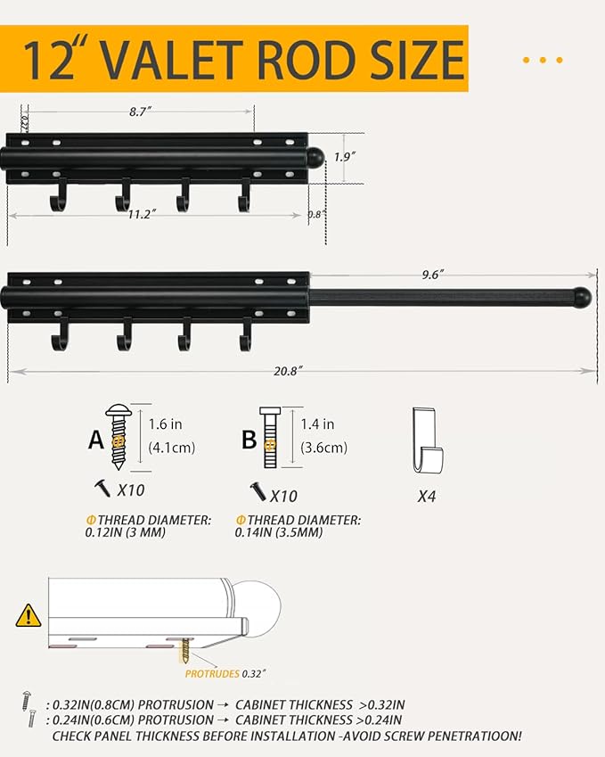 12 in Valet Rod for Closet Pull Out – Closet Valet Rod Slide Out, Heavy Duty with 4 Hooks, for Hanging Clothes/Hats/Belts & Closet/Laundry Room Organization – Black