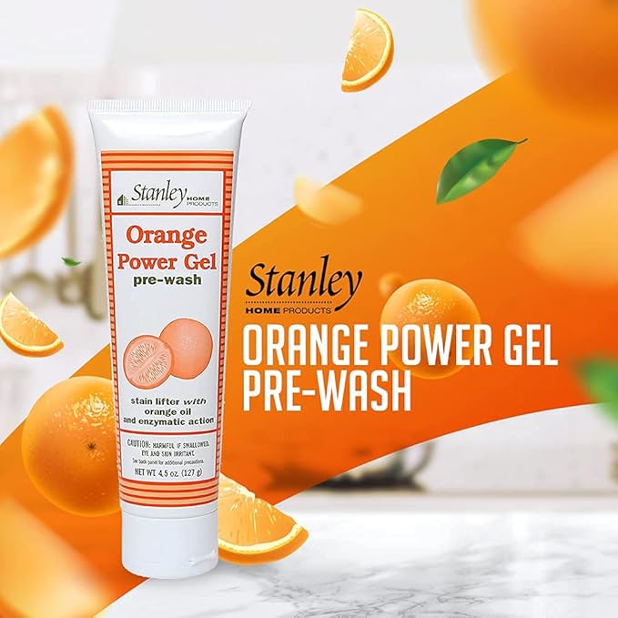 Stanley Home Products Orange Power Gel Pre Wash - Laundry Stain Remover - Spot Treat Tough Stains Works Immediately Cleans and Deodorizes Fabrics Ideal for Blood Oil Grease and More - 2 Pack