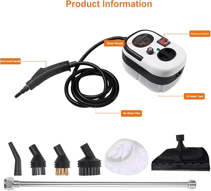 White Steam Cleaner 1200ML 2500W High Temperature Pressure Handheld Steam Cleaning Machine with Brush Heads and Gloves 7 in 1 for Car Floor Kitchen Bathroom Window Furniture