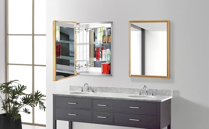 16x20 Inch Bathroom Medicine Cabinet with Gold Framed Mirror – Recessed or Surface Mount Storage Cabinet, Single Door Rustic Farmhouse Design