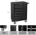 Tool Chest Cabinet, Large Capacity Metal Tool Box with Wheels and Cylinder Locking, Roll Around Storage Organizer Tool Cart for Garage, Redtool cabinets on Wheels (Black, 7-Drawer-Wheel)