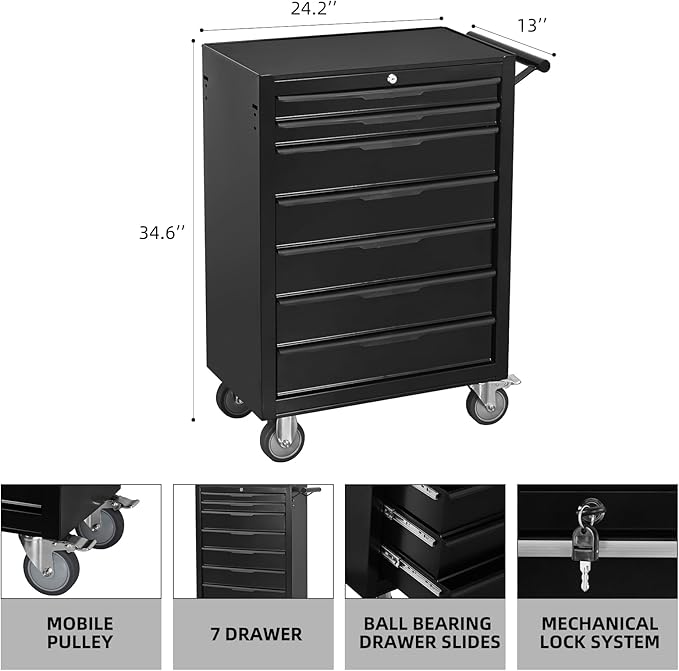 Tool Chest Cabinet, Large Capacity Metal Tool Box with Wheels and Cylinder Locking, Roll Around Storage Organizer Tool Cart for Garage, Redtool cabinets on Wheels (Black, 7-Drawer-Wheel)