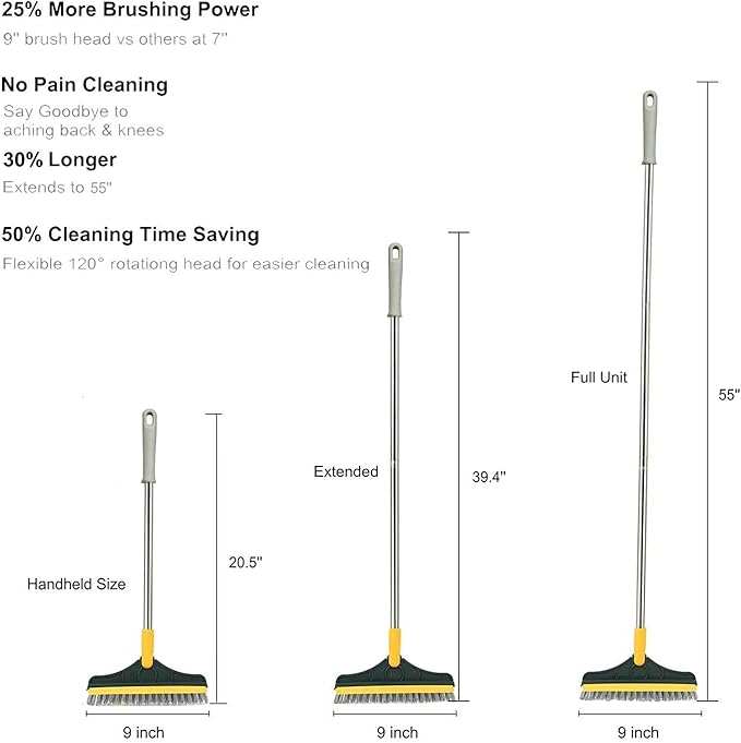 2 in 1 Floor Brush Scrubber with Long Handle Upgrade 3 Poles 53.5'' Grout Brush Scrape Stiff Bristle Cleaning Scrub Brush with Squeegee 120°Rotating Tile Brush for Cleaning Bathroom Glass Kitchen