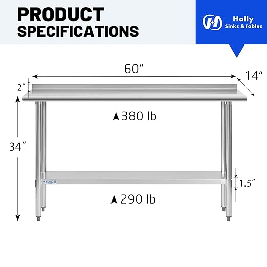 Hally Stainless Steel Table for Prep & Work 14 x 60 Inches, NSF Commercial Heavy Duty Table with Undershelf and Backsplash for Restaurant, Home and Hotel
