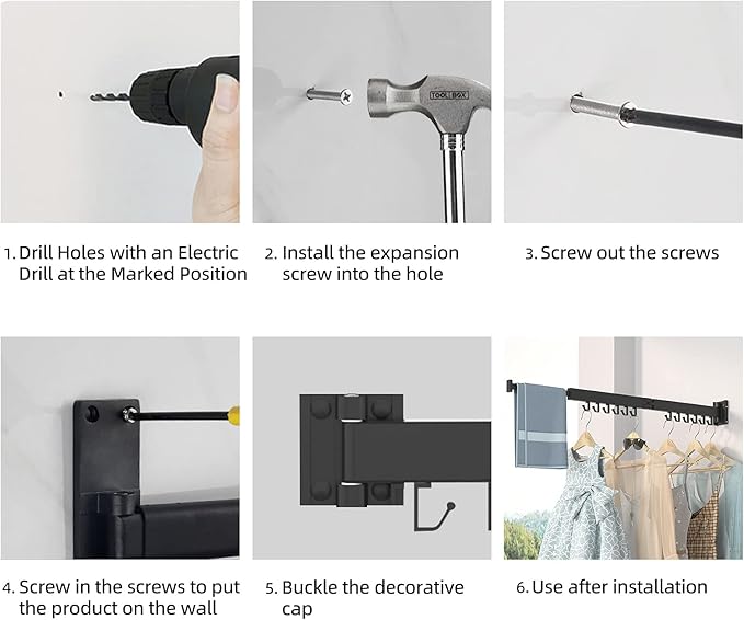 Wall Mount Clothes Drying Rack, 2-Fold Foldable & Sturdy Laundry Drying Rack Wall Mounted, [No Drilling] Space Saver for Laundry, Balcony, Bathroom, Patio, Dormitory, Apartment-Black