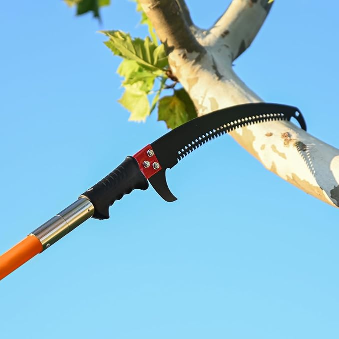 Manual Pole Saw for Tree Trimming, 27 FT Manual tree purner with 8-Section Fiberglass Handle, Sharp steel Blade, Easy to Carry and Extendable Design for Tree Maintenance, Orange