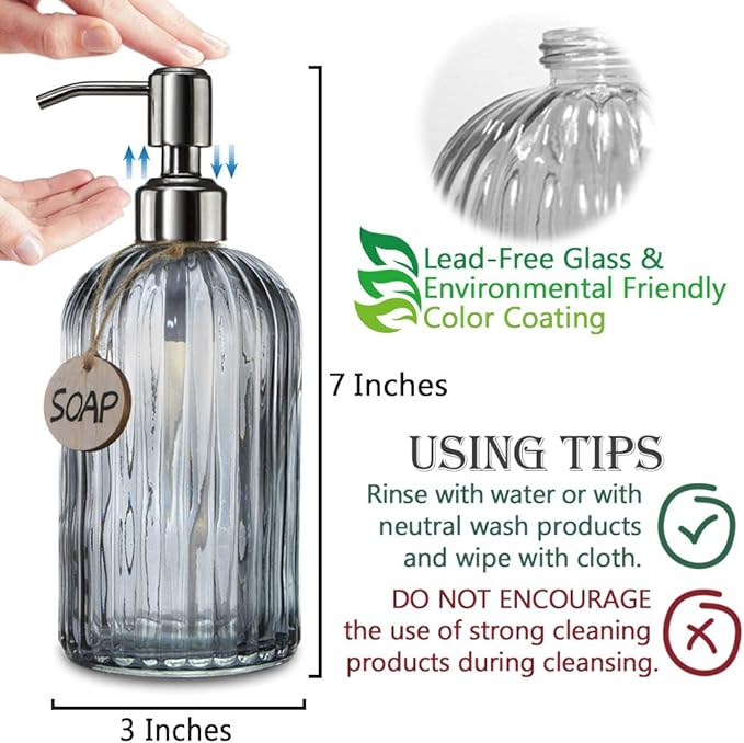 JASAI 18 Oz Vertical Stripes Kitchen Soap Dispenser with 304 Rust Proof Stainless Steel Pump, Refillable Liquid Soap Dispenser for Bathroom, Kitchen, Hand Soap, Dish Soap (Clear Grey)