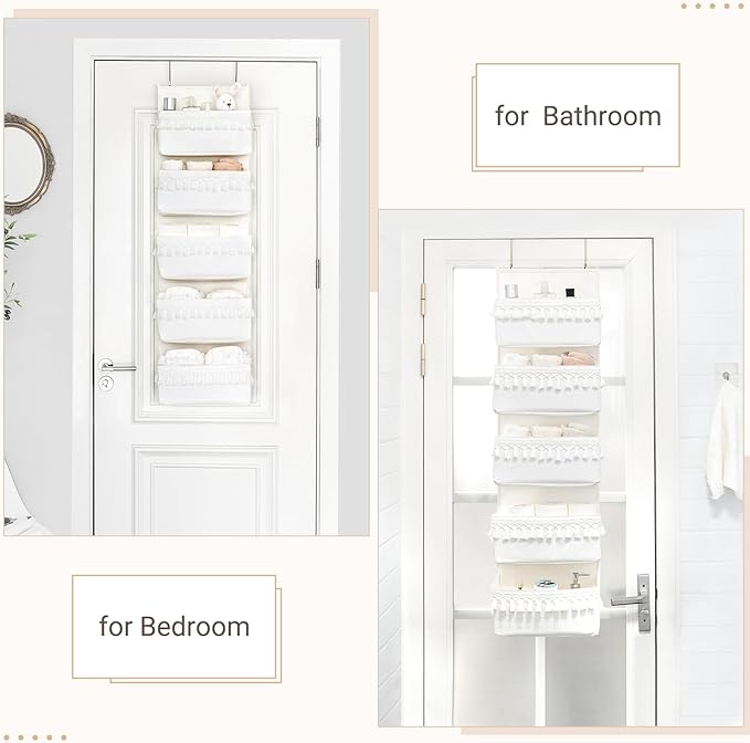 Dahey Over The Door Organizer Boho Nursery Storage Decor Closet Hanging Organizer with Tassels Decoration for Bedroom Nursery Bathroom Apartments Dorm Pantry, 5 Pockets, White