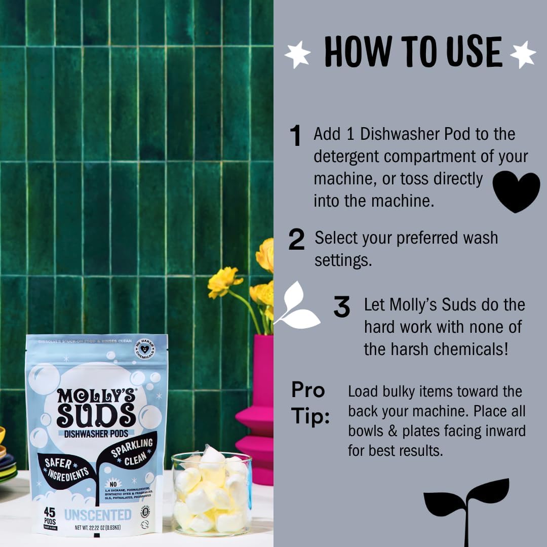 Molly's Suds Dishwasher Pods | Clean Dishwasher Detergent, Cuts Grease & Rinses Clean (Residue-Free) for Sparkling Dishes | 60 Auto-Release Tabs (Unscented)