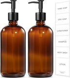 GMISUN Amber Glass Soap Dispenser, 2 Pack Bathroom Hand Soap Dispensers with Stainless Steel Pump, 17 Fl Oz Kitchen Hand and Dish Soap Dispenser Set, Modern Vintage Liquid Brown Soap Dispensers Bottle