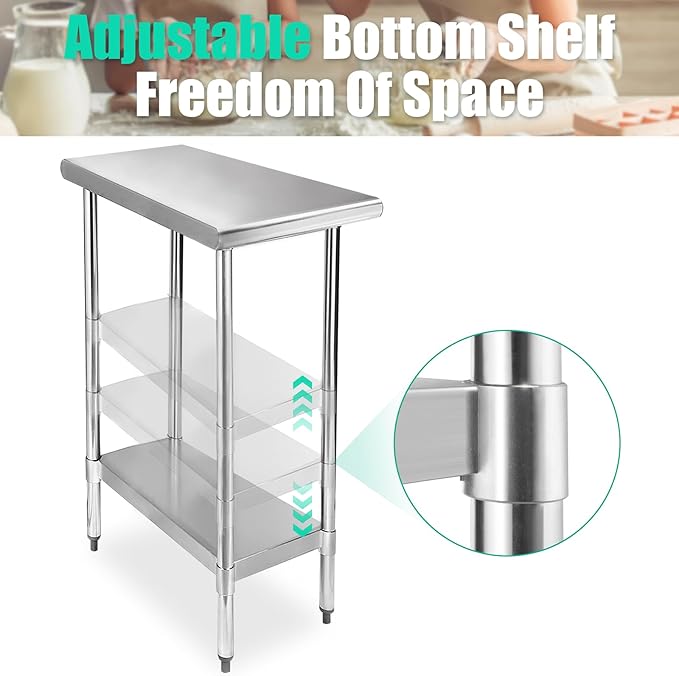 STABLEINK NSF Stainless Steel Table 30 x 12 Inches, Metal Prep & Work Table with Adjustable Undershelf, for Commercial Kitchen, Restaurant, Hotel and Garage，Small Tables