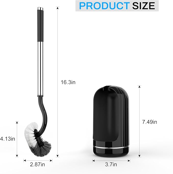 SetSail Toilet Brush and Holder Set, Compact Size Curved Toilet Bowl Brush for Bathroom Deep Cleaning with Stainless Steel Handle Toilet Cleaner Brush, Black