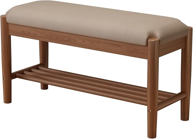Shoe Bench Entryway with Cushion, Solid Wood Bench with Shoe Storage, 2-Tier Shoe Rack Bench for Entryway,Hallway (Gray)