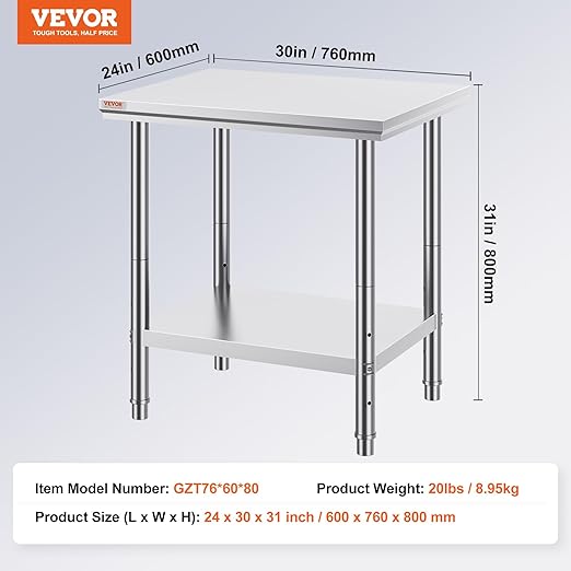 Mophorn Commercial Worktable & Workstation 24 x 30 x 32 Inch Stainless Steel Work Table Heavy Duty Commercial Food Prep Work Table for Home, Kitchen, Restaurant Metal Prep Table with Adjustable Feet