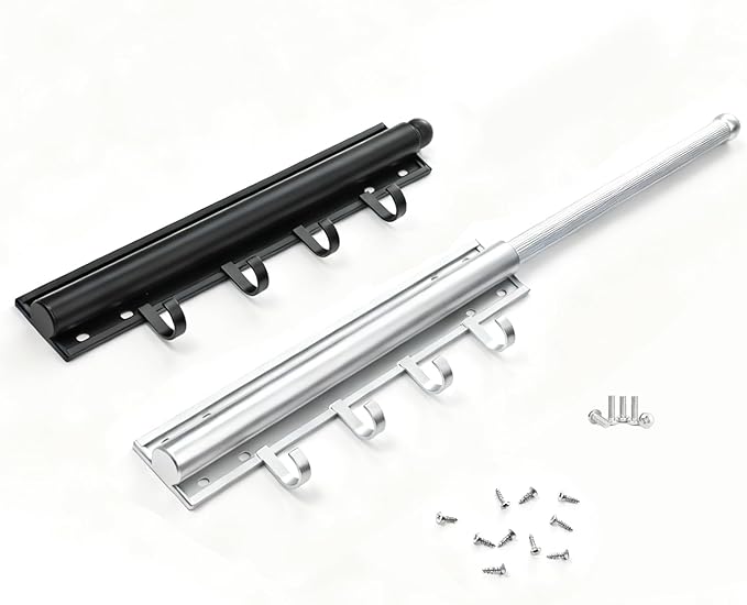 Aluminum Valet Rod, 12 in Heavy Duty Pull Out Closet Valet Rod with 4 Hooks, Adjustable Slide Out Closet Rod, Ideal for Hanging Clothes, Closet Accessories, Easy to Install (Silver)