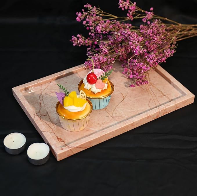 Real Luxurious Natural Marble Vanity Tray Genuine Marble Storage Tray for Home Decor Stone Tray for Bathroom/Kitchen/Vanity/Dresser Non-Resin/Non-Ceramic/Cream Rose