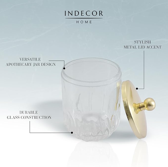 Clear Transparent Apothecary Vertical Wavy Glass Jar With Gold Metal Lid Cover for Bathroom Organization, Cotton Balls, Q Tips, and Small Accessories, Bathroom Storage