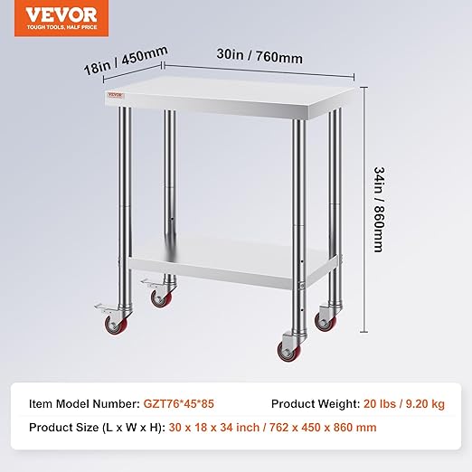 Mophorn 30x18x34 Inch Stainless Steel Work Table 3-Stage Adjustable Shelf with 4 Wheels Heavy Duty Commercial Food Prep Worktable with Brake for Kitchen Prep Work