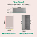 TokeShimi 12 x 36 Farmhouse Medicine Cabinet Recessed or Surface Mount Aluminum, Mirror with Stepless Adjustable Storage, Silver Bathroom Mirror Medicine Cabinet Frameless Metal Modern