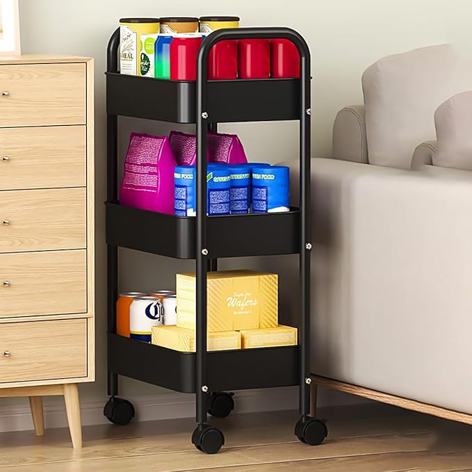 XIUSHE 3-Tier Metal Utility Cart Rolling Storage Organizer, Portable and Sturdy, with Wheels, Ideal for Office, Kitchen, Bathroom, Classroom, and More, Black