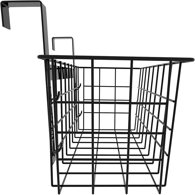 MaraFansie Basket with Hook, Grid Storage Basket, Over the Cabinet Door Organizer, Wire Hanging Basket with Hook Over the Railing, Under Sink Kitchen Cabinet, Pantry, Bathroom, Black, 2 Pack
