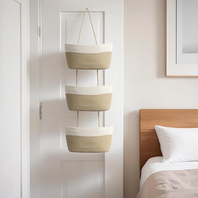 Hanging Baskets for Organizing,Bathroom Organizers and Storage,3-Tier Woven Cotton Wall-Mounted Storage Organizer Bag Decorative,Kitchen,Living Room,Bedroom,Nursery